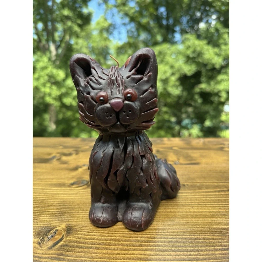 Brown Cat Candle Sculpture Folk Art Kitty Figure Wax Decor 6